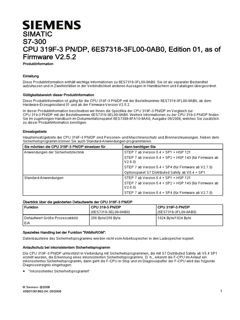 S7 Distributed Safety - CPU 319F-3 PN DP FW2.5.2 Product Information | PDF