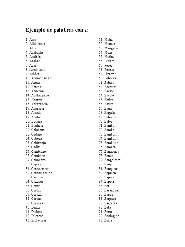 Ejemplo de Palabras Con z