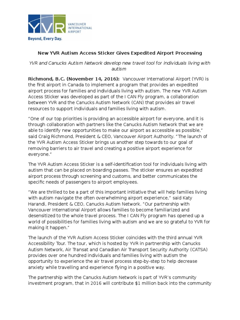 YVR Autism Access Sticker Launch | PDF | Airport | Aviation