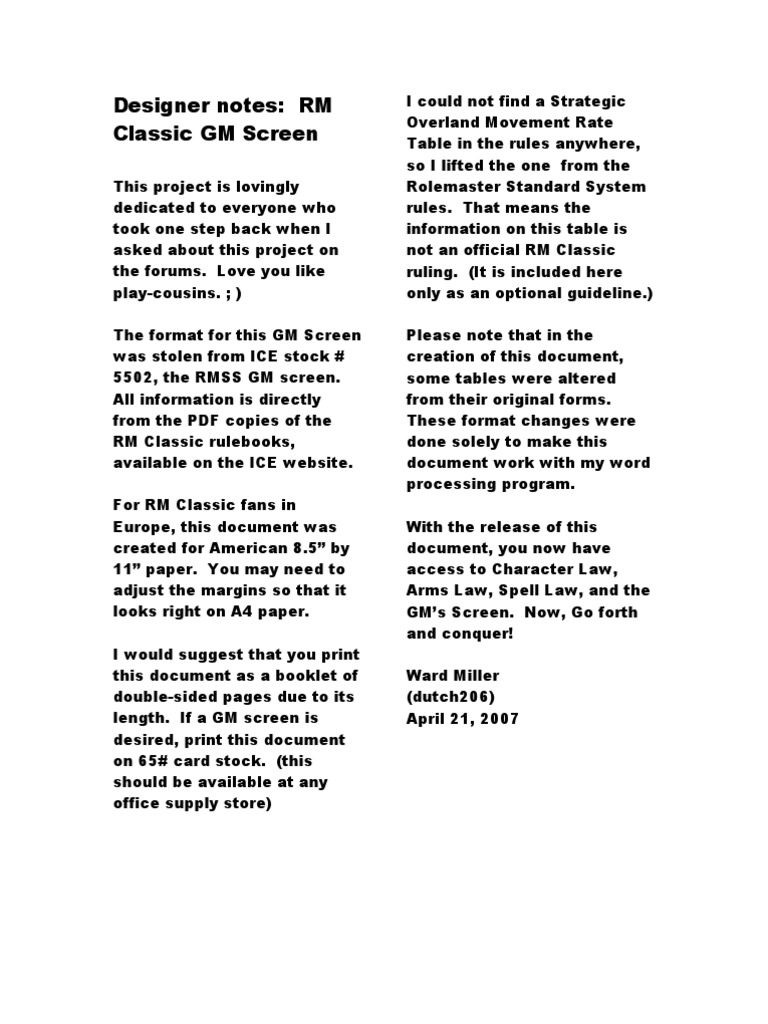 RM Classic GM Screen Designer Notes | PDF | Leisure
