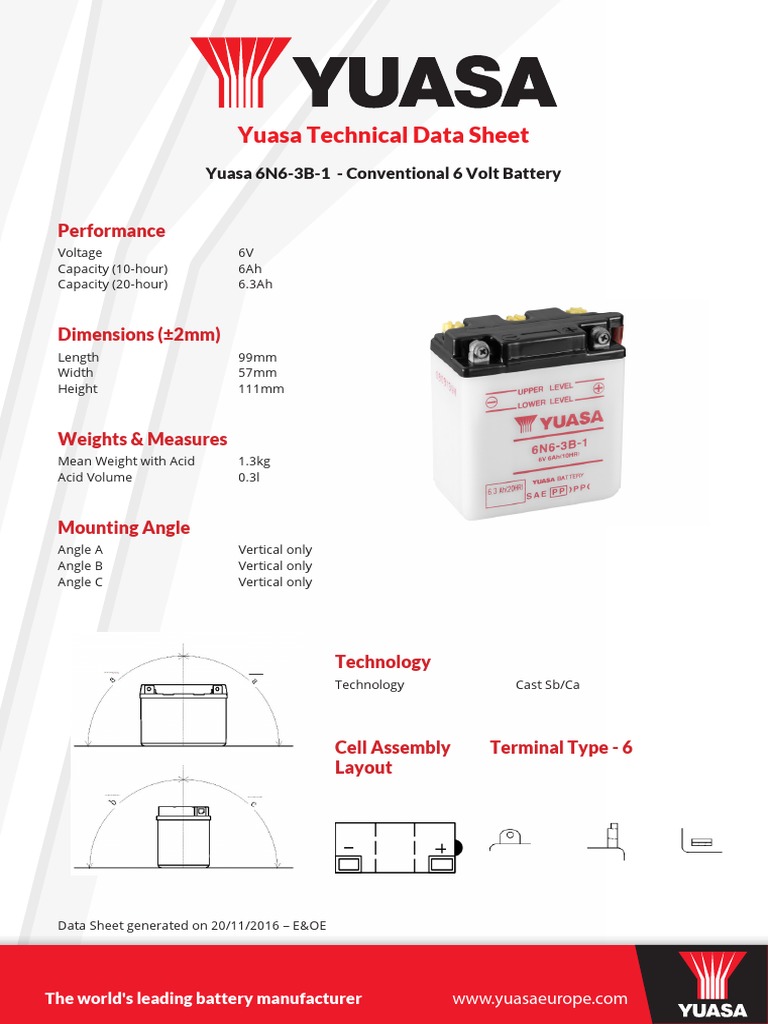 Yuasa Technical Data Sheet Performance PDF