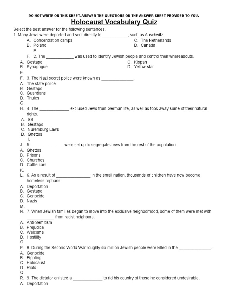 holocaust vocabulary quiz the holocaust auschwitz concentration camp
