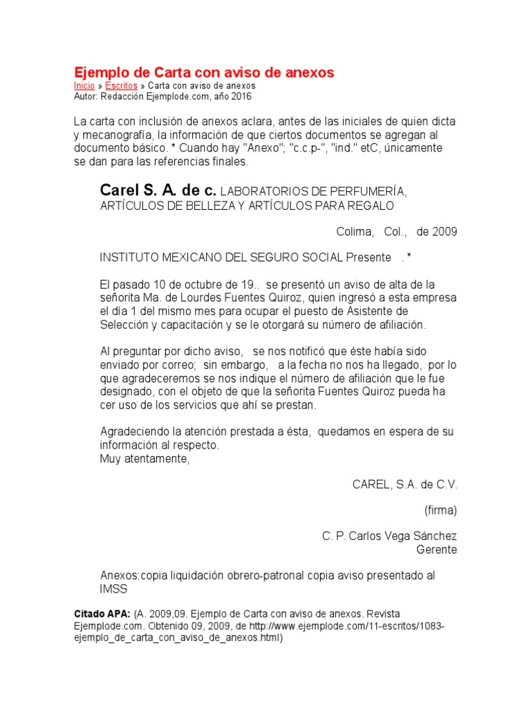 Ejemplo de Carta Con Aviso de Anexos