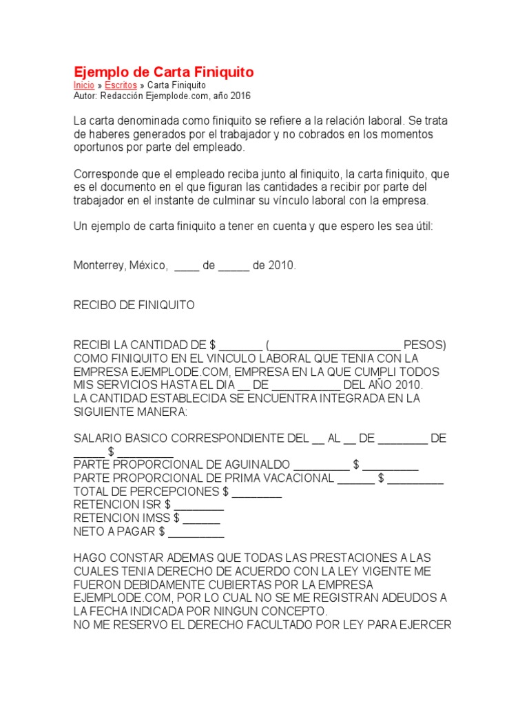 Ejemplo de Carta Finiquito