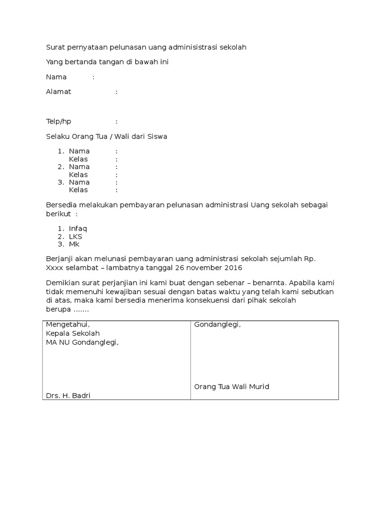 Surat Pernyataan Pelunasan Uang Adminisistrasi Sekolah