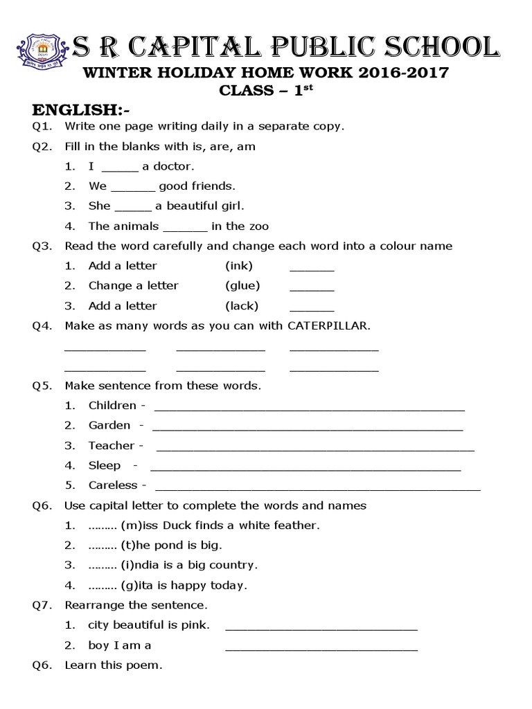 Winter Homework for Class 1 Students | PDF | Organisms | Nature