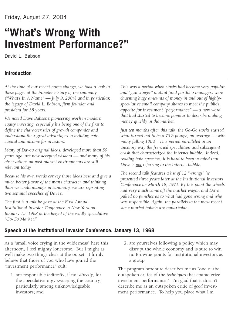 (Babson) Investment Performance PDF Investing Speculation
