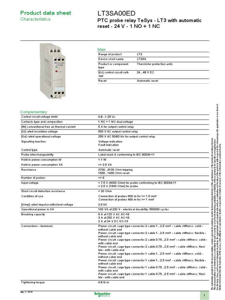 LT3SA Thermistor Protection Relay Data | PDF | Cable | Relay