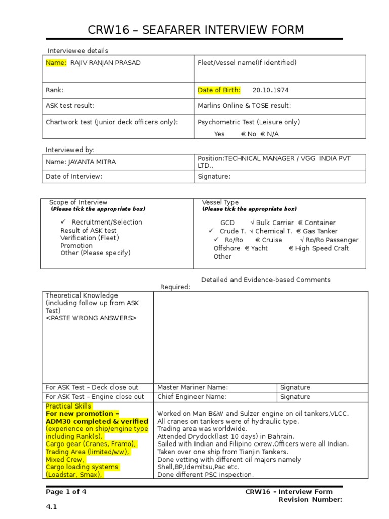 Seafarer Interview Form CRW16 | PDF | Oil Tanker | Ships