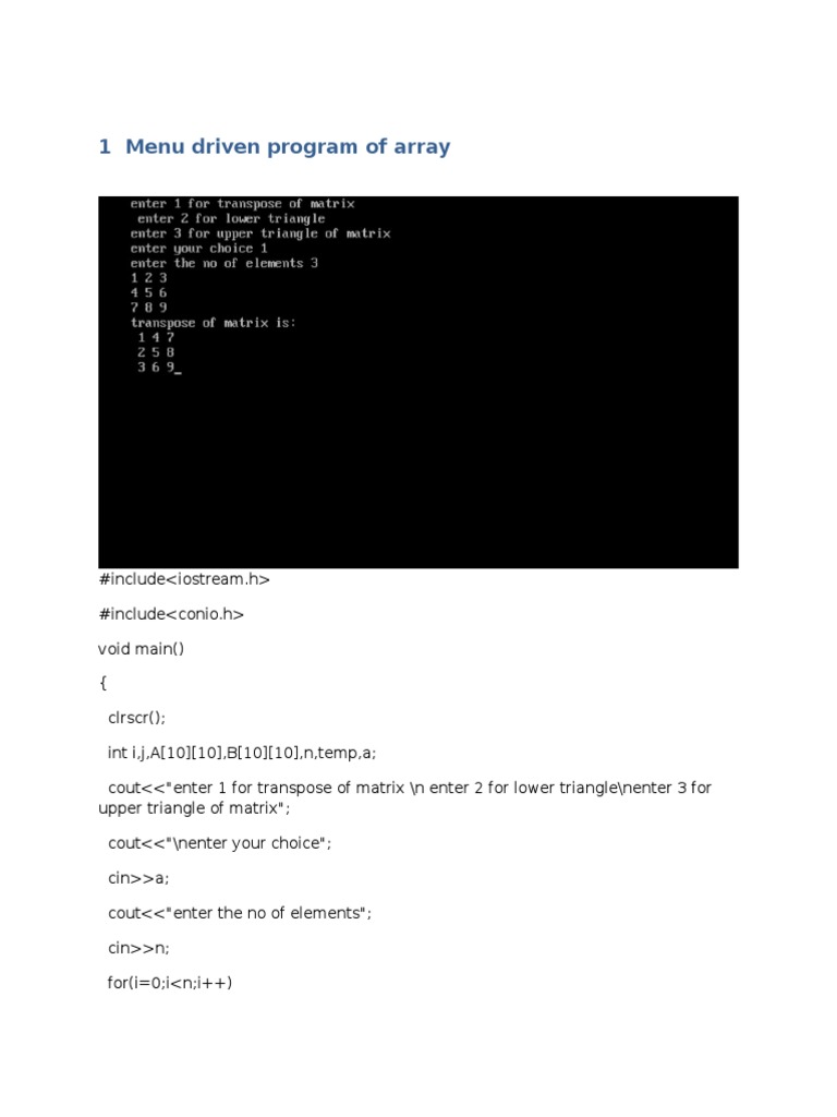 1 Menu Driven Program of Array | PDF | Constructor (Object Oriented ...