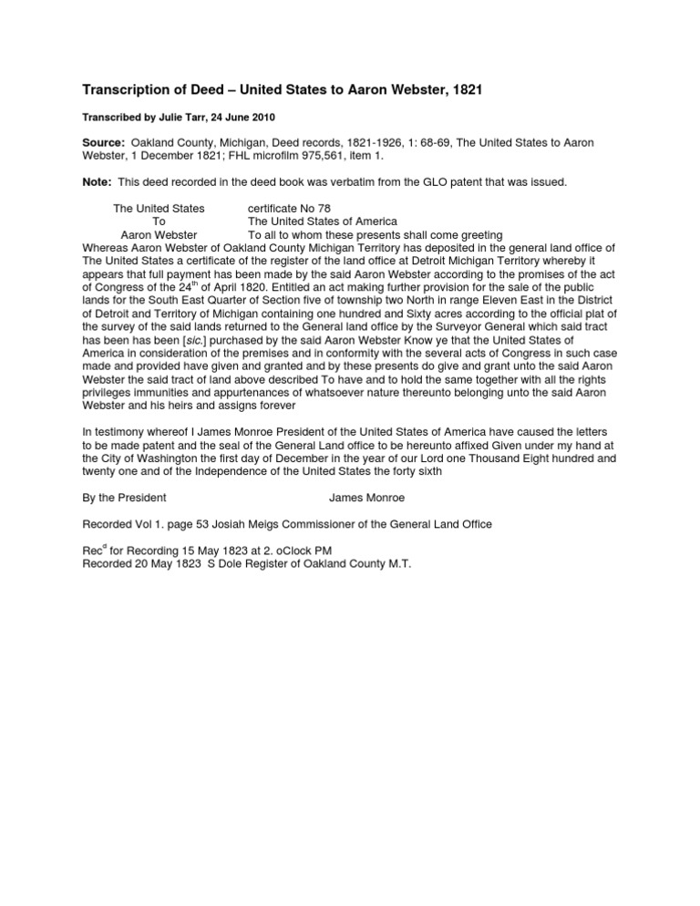 WEBSTER, Aaron - Deed 1821 Vol 1 PG 68 Transcription | PDF | Politics