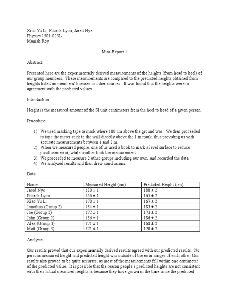 Mini Lab Report 1 | PDF | Metre | Measurement