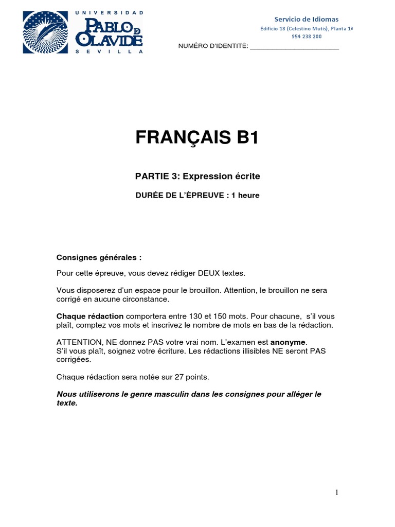 Examen B1 : Expression écrite en français | PDF