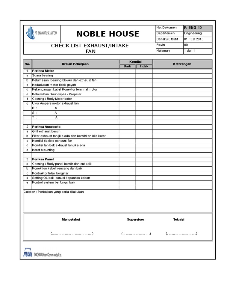 Checklist Pemeliharaan Exhaust Fan | PDF