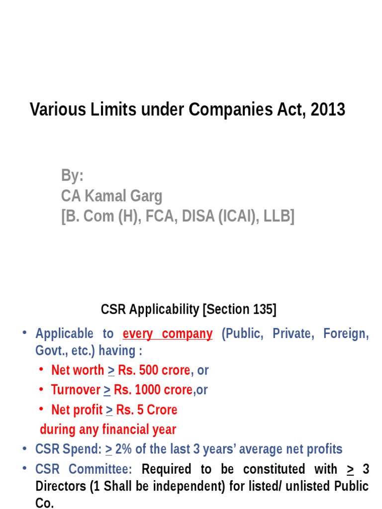 Various Limits Under Companies Act, 2013 (CA Final) PDF Audit