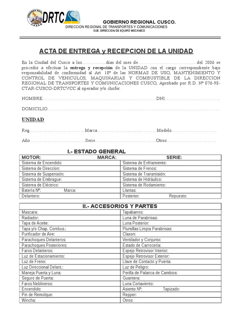 Acta de Entrega de Unidades  Vehículo de motor  Automóviles