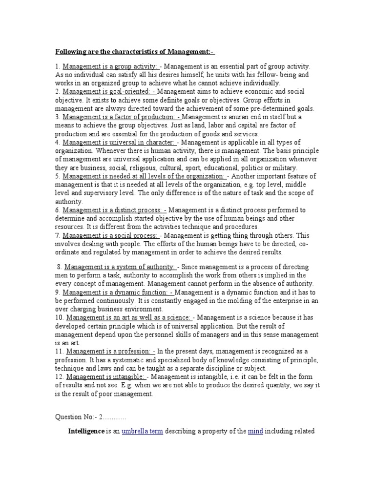 Following Are The Characteristics of Management Umbrella Term Mind