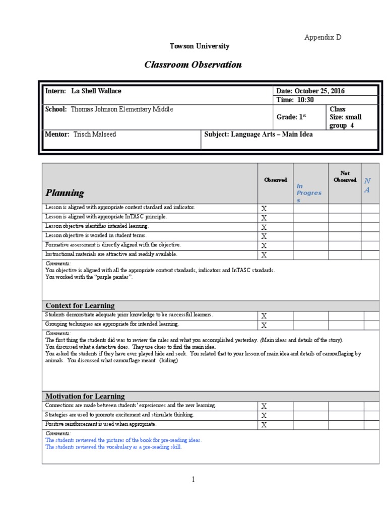 Formal Observation 10-25-16 L W | PDF | Educational Assessment | Learning