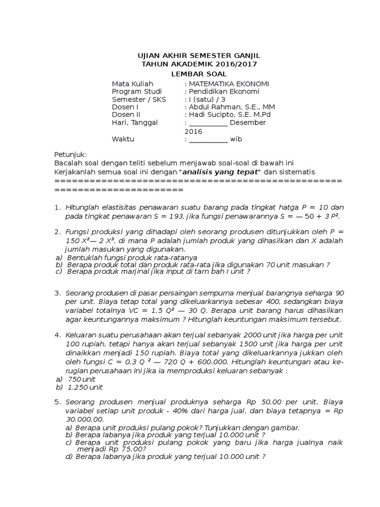 Soal Uts Matematika Ekonomi 1617