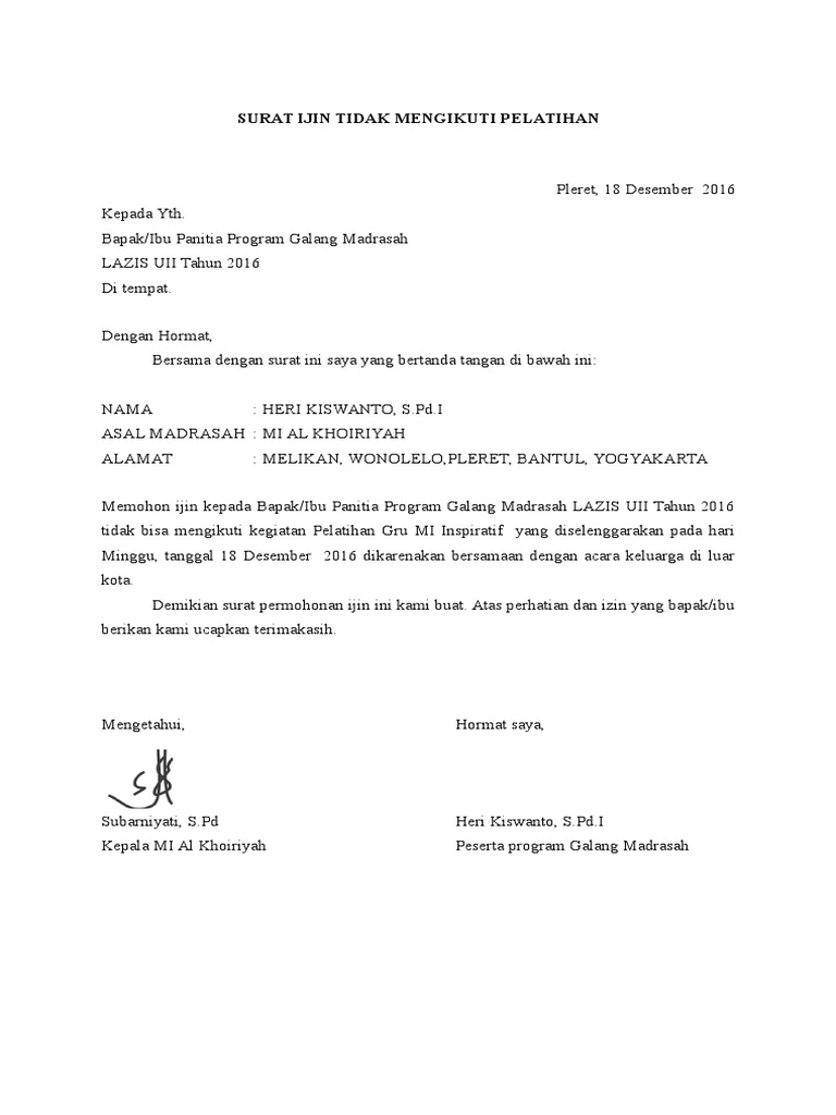 Surat Ijin Tidak Mengikuti Kegiatan