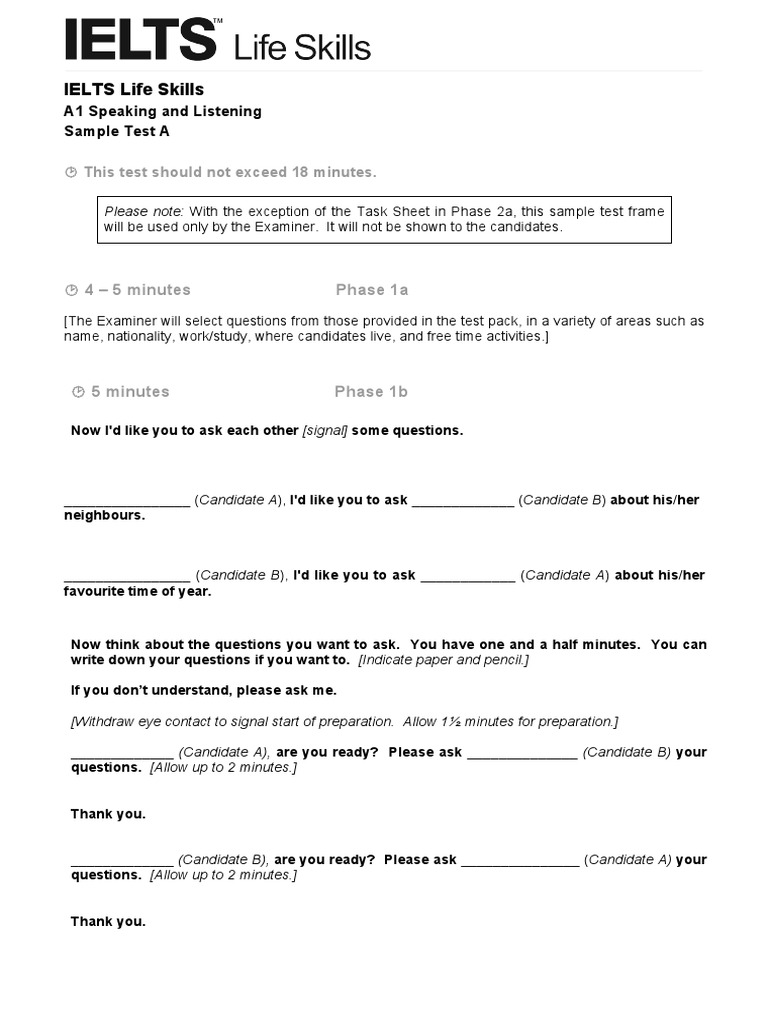 Ielts Life Skills Sample Paper A Level A1 PDF | PDF