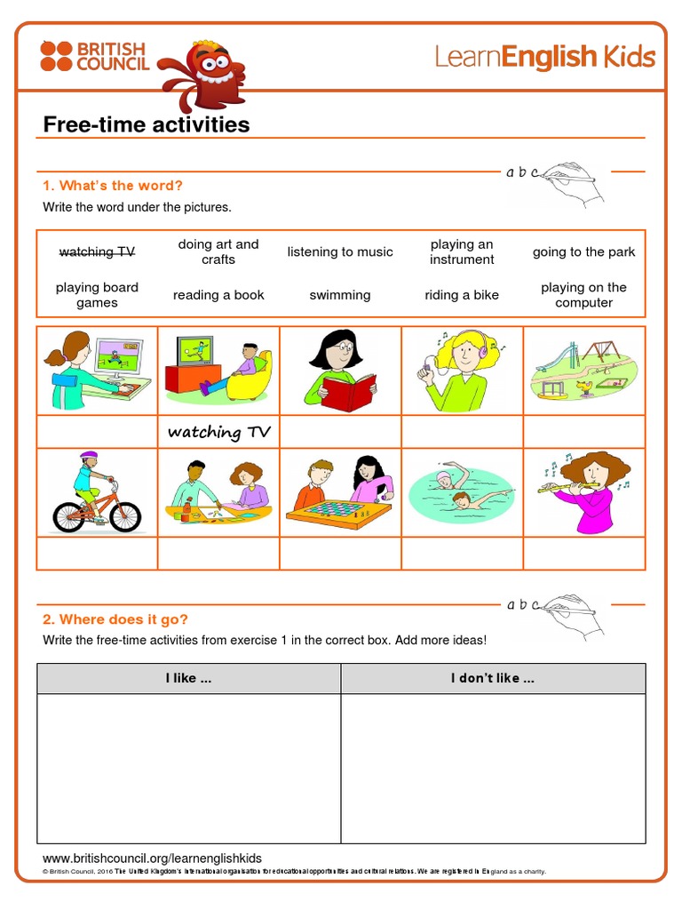 worksheets free time activities yr2pdf