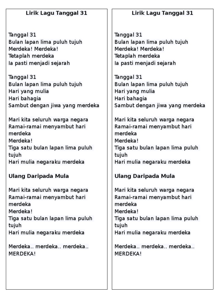 Lirik Lagu Tanggal 31