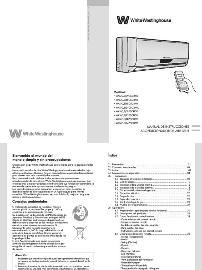 AA White Westinghouse Manual.pdf Control remoto Aire acondicionado