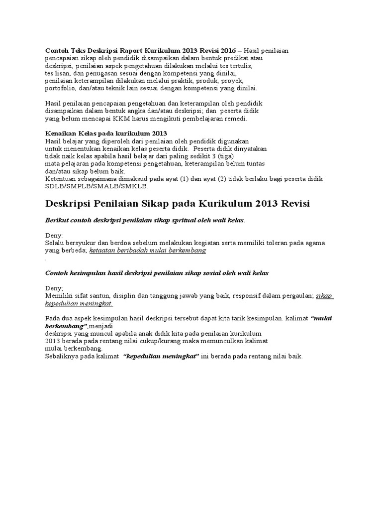 Contoh Teks Deskripsi Raport Kurikulum 2013 Revisi 2016