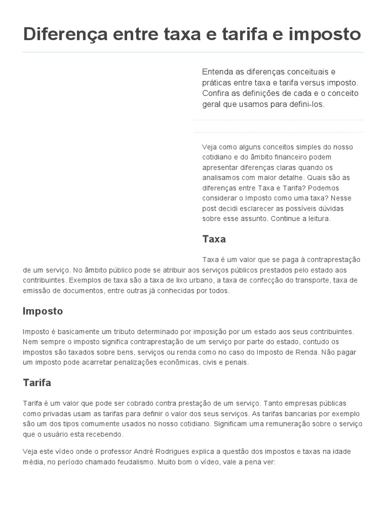 Diferenças entre Taxa, Tarifa e Imposto | PDF | Finanças e ...