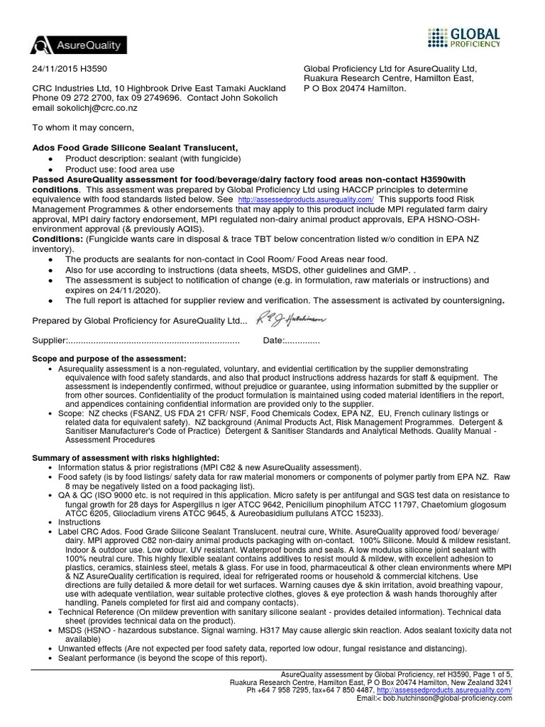 (CRC Industries LTD) Ados Food Grade Silicone Sealant Translucent H3590