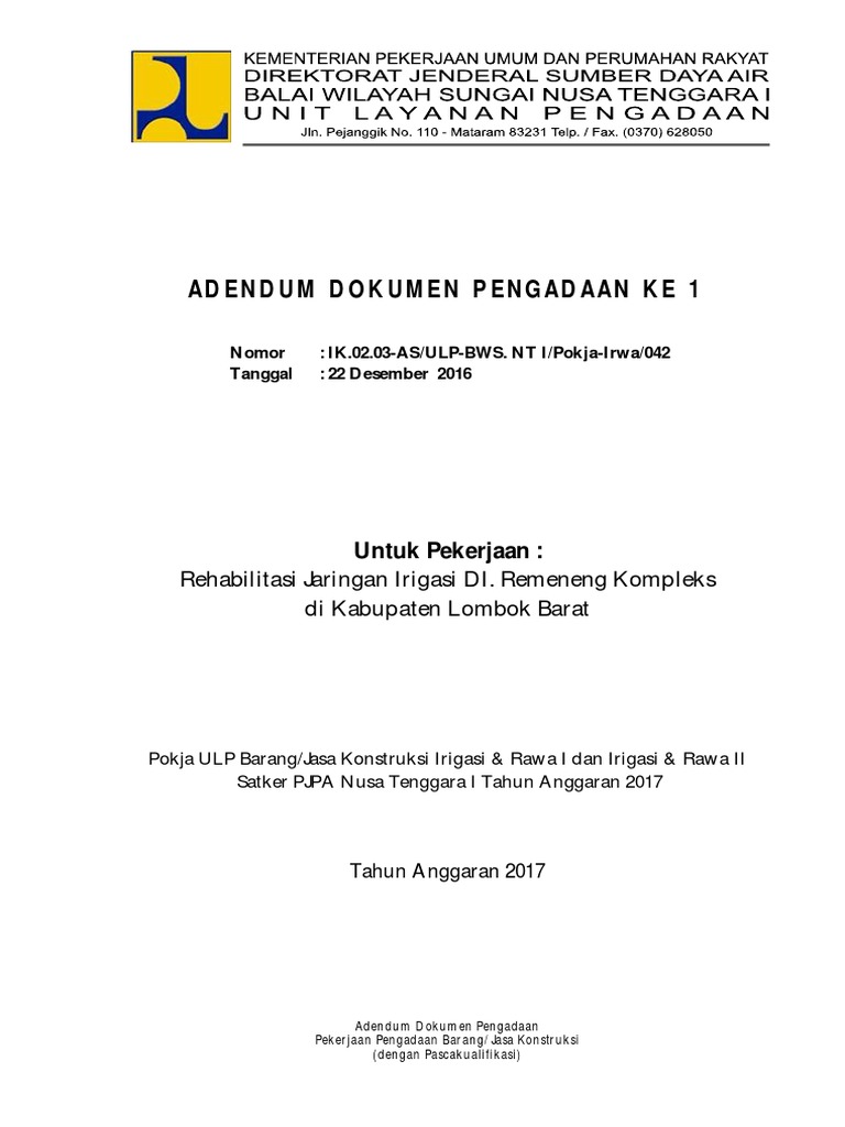 Adendum Pengadaan Konstruksi Irigasi 2017 | PDF