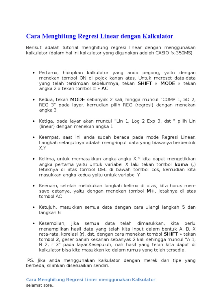 Cara Menghitung Regresi Linear Dengan Kalkulator