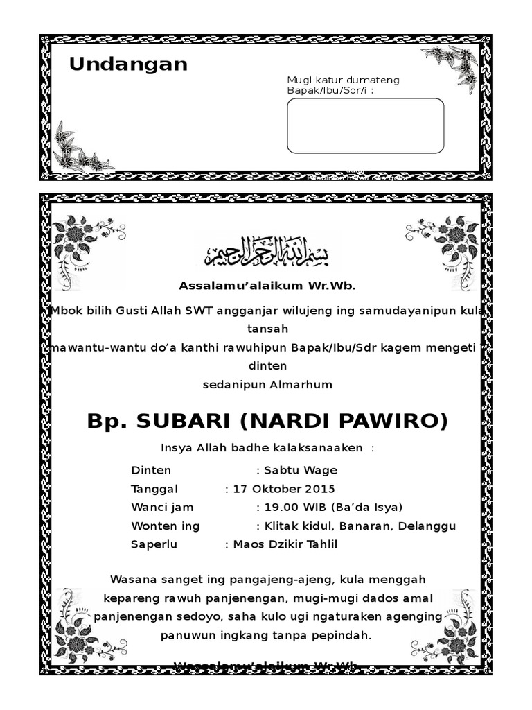 Contoh Surat Undangan Tahlil 40 100 1000 Hari Haul | PDF