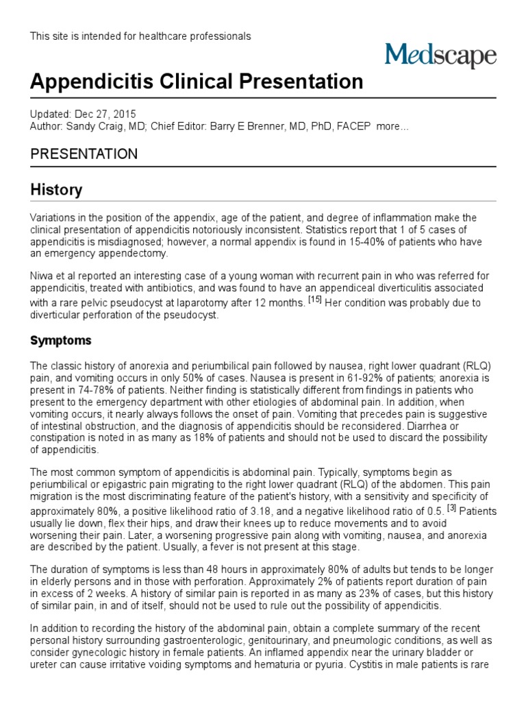 Appendicitis Clinical Presentation History, Physical Examination