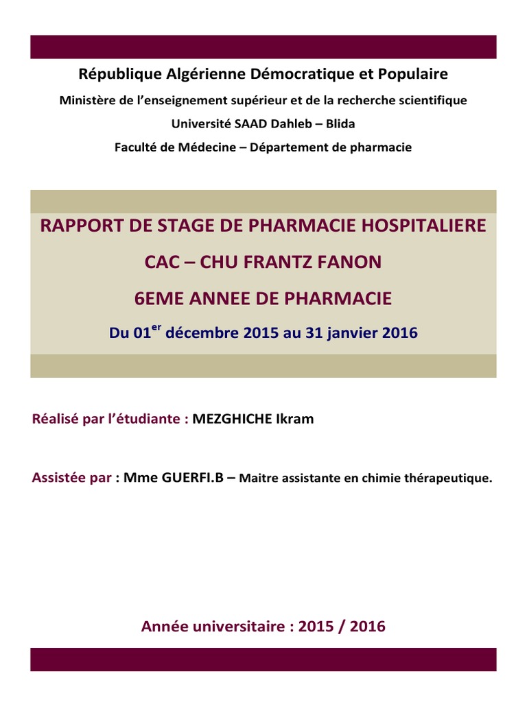 Rapport de Stage Pharmacie Hospitalière  DZ  Médicament  Pharmacie