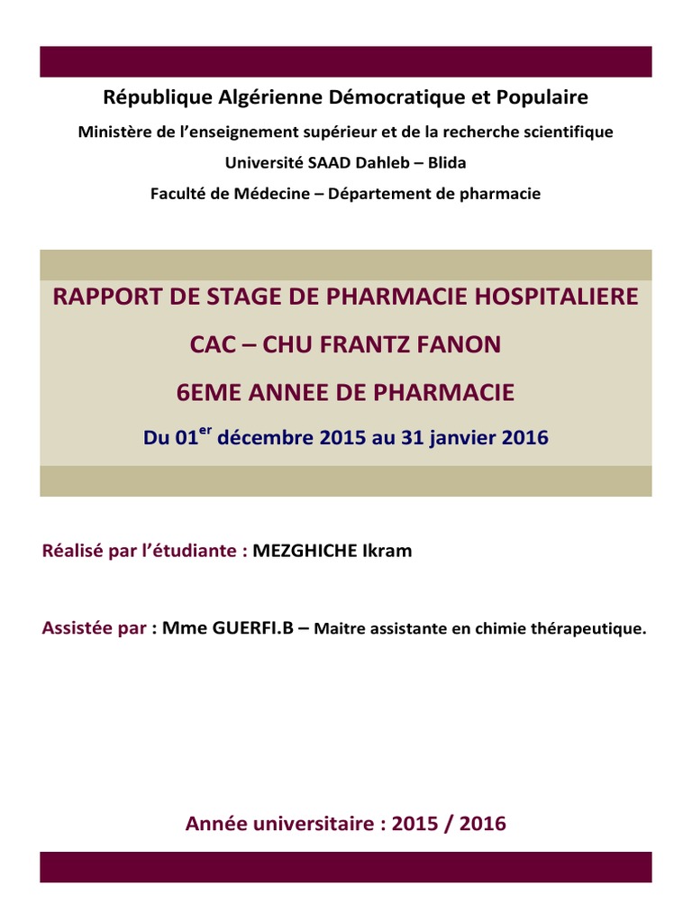 Rapport de Stage Pharmacie Hospitalière DZ Médicament Pharmacie