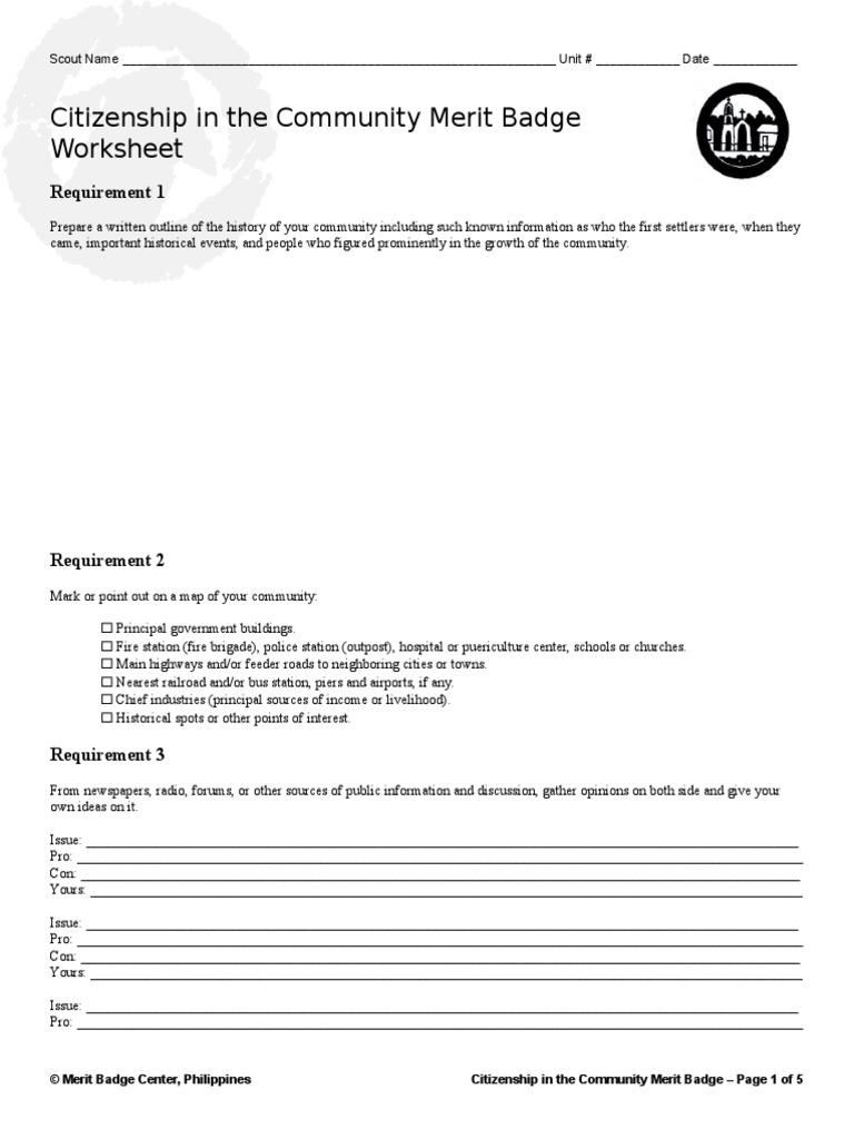 Citizenship in The Community Merit Badge Worksheet Requirement 1 PDF Scouting Government