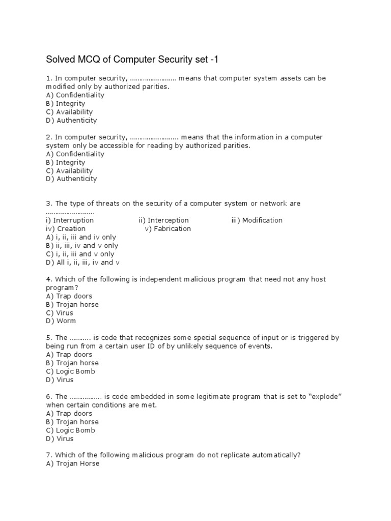 MCQ of Computer Security and Network Security PDF Computer Virus