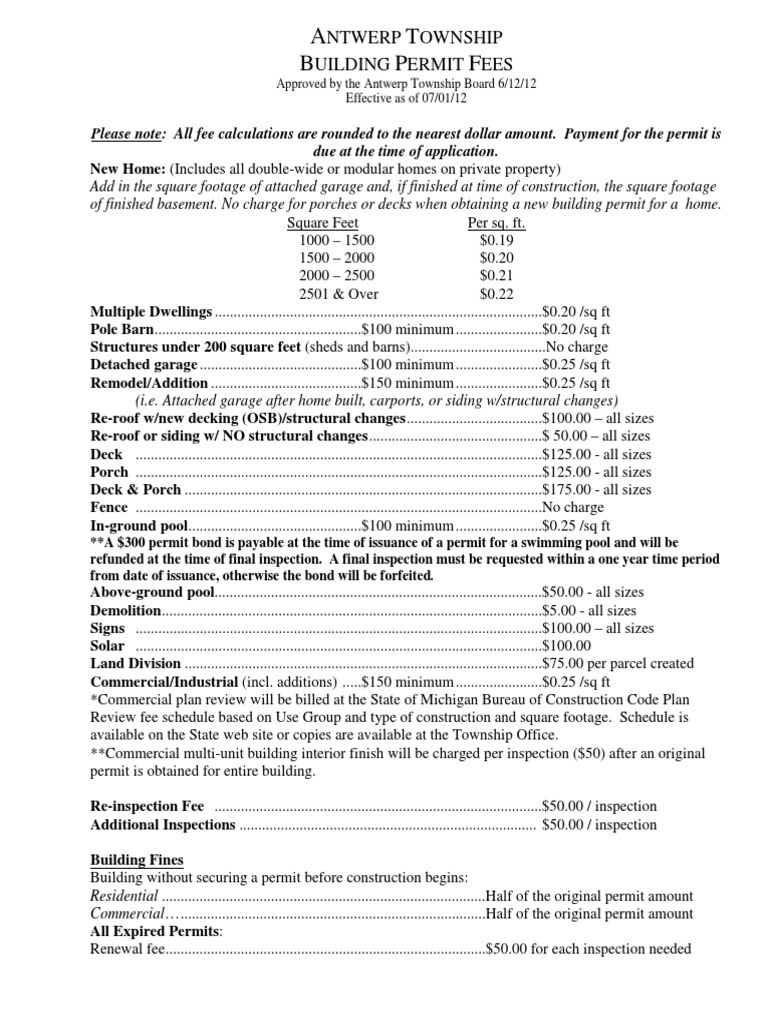 Antwerp Township Building Permit Fees | PDF