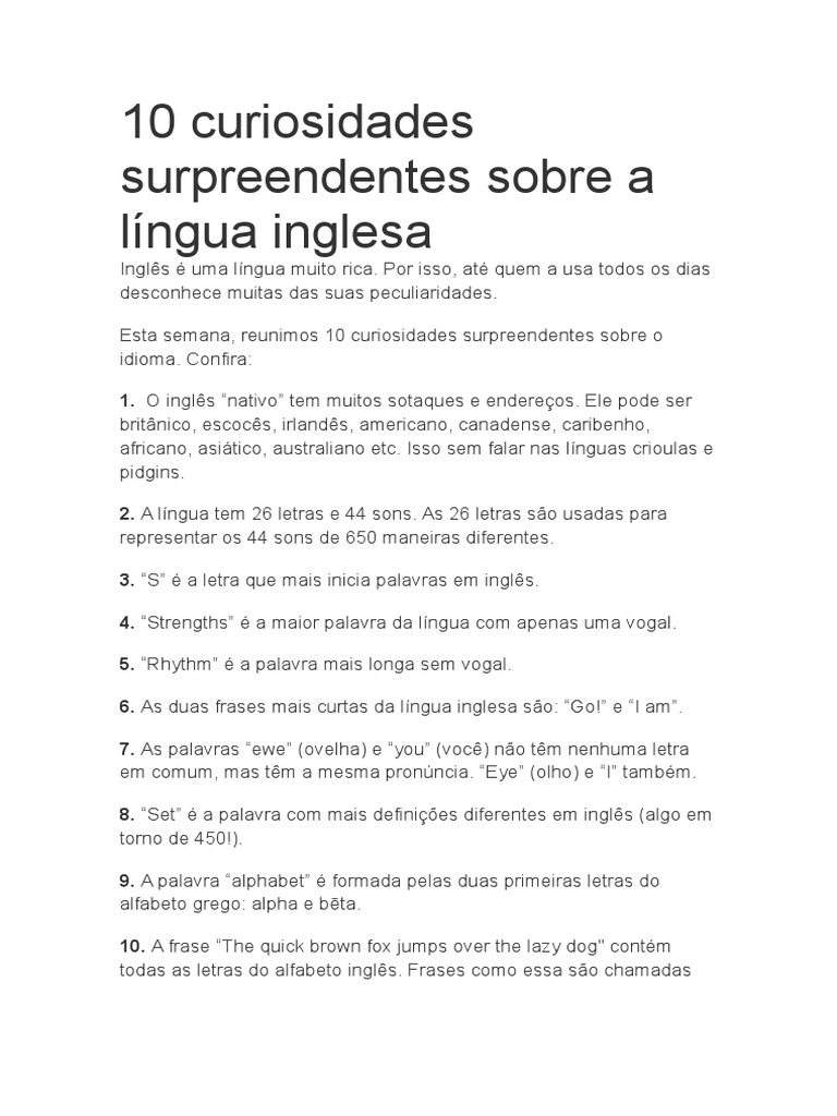 10 Curiosidades Surpreendentes Sobre A Língua Inglesa | PDF