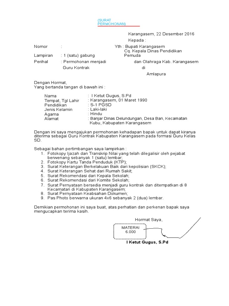 Surat Permohonan Guru Kontrak Lengkap