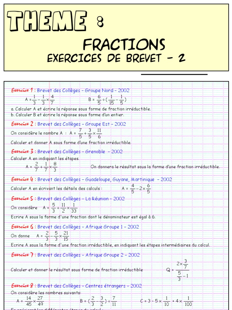 Exercices Corrigés Fractions 3ème Pdf Calcul Fractionnaire - Exercices de Brevet 2 | PDF | Fraction  (Mathématiques) | Enseignement des mathématiques