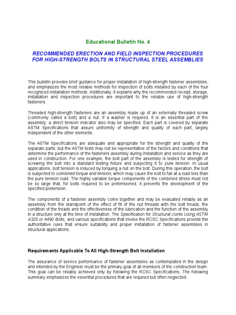 Recommended Erection and Field Inspection Procedures For High-Strength ...