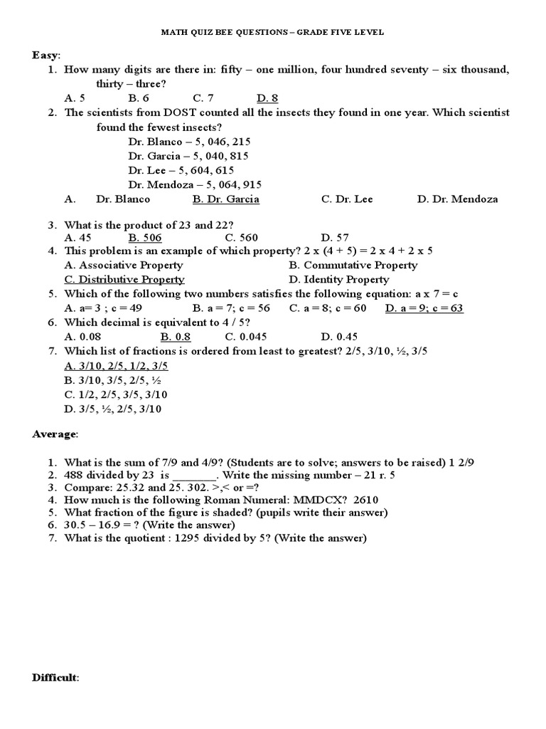 math quiz bee questions grade 5docx numbers elementary mathematics