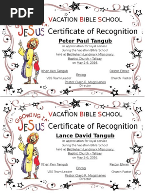 Vacation Bible School Certificate Templates
