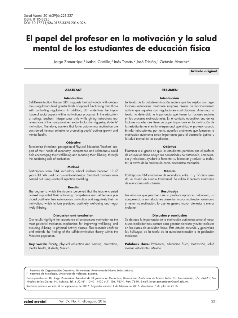 El Papel Del Profeson en La Motivacion y La Salud Mental de Los ...