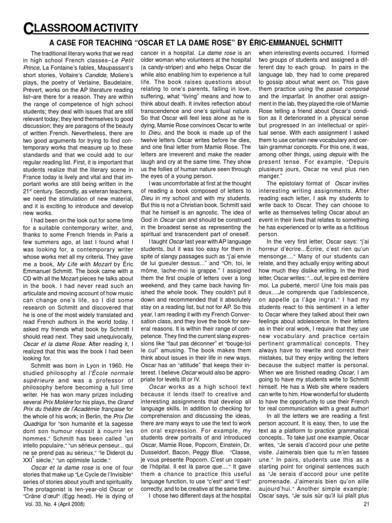 A Case For Teaching Oscar Et La Dame Rose PDF France Poetry