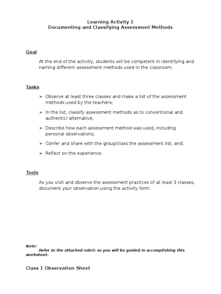Learning Activity 1 Documenting and Assessing Student Progress | PDF ...