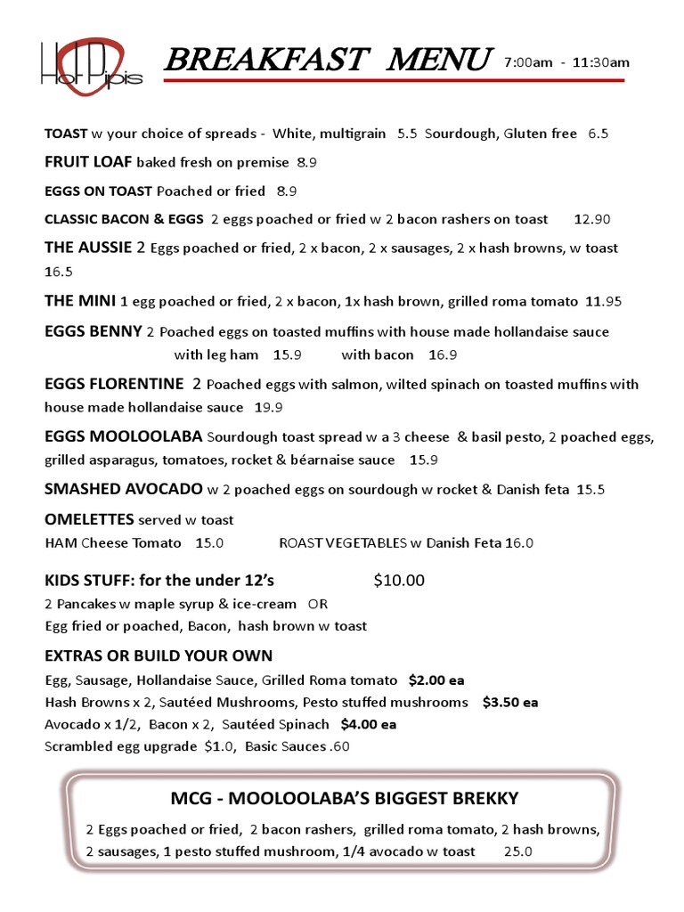 Breakfast Menu: Classic Aussie Dishes | PDF